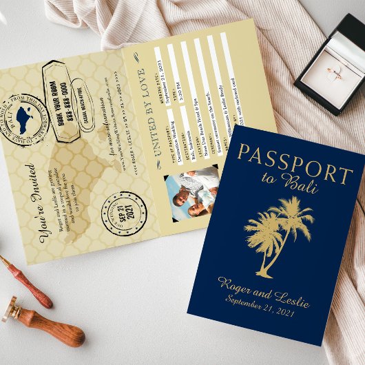 Bali Navy Blue and Gold Wedding Passport Einladung