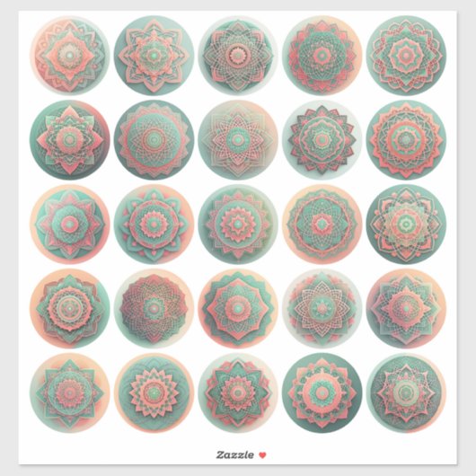 Bali Peach und Green Mandala Stickers Sheet von 25 Aufkleber (Blatt)