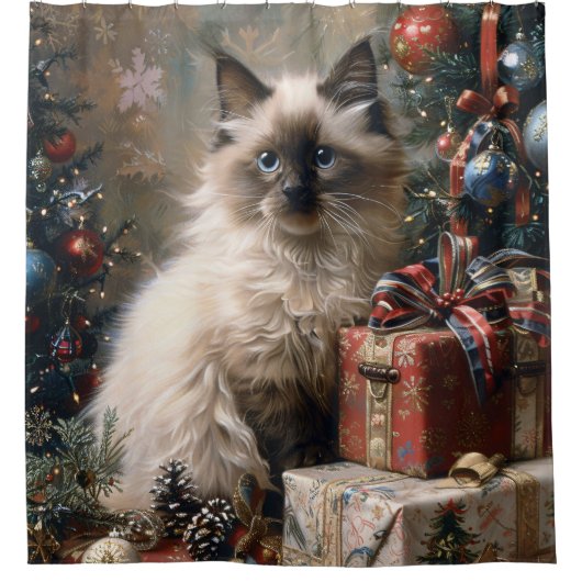 Balinese Kitten Christmas Cat Portrait Art Duschvorhang (Vorderseite)