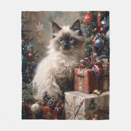 Balinese Kitten Christmas Cat Portrait Art Fleecedecke (Vorderseite)