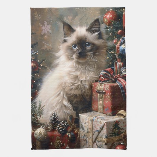 Balinese Kitten Christmas Cat Portrait Art Geschirrtuch (Vertikal)