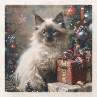 Balinese Kitten Christmas Cat Portrait Art Glasuntersetzer
