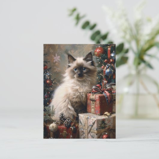 Balinese Kitten Christmas Cat Portrait Art Postkarte (Stehend Vorderseite)