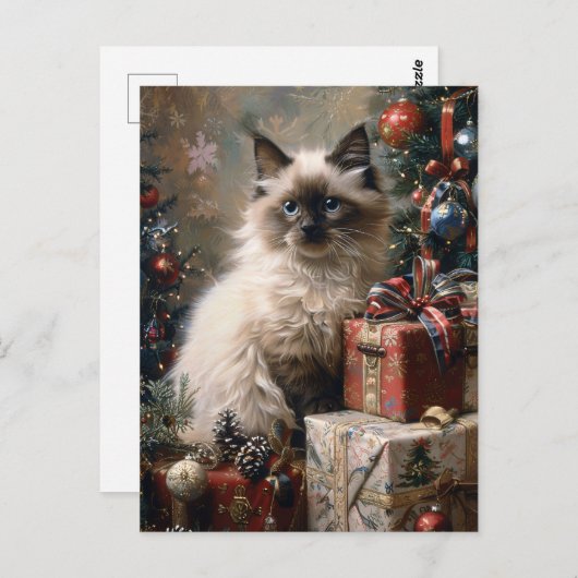 Balinese Kitten Christmas Cat Portrait Art Postkarte (Vorne/Hinten)