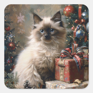 Balinese Kitten Christmas Cat Portrait Art Quadratischer Aufkleber