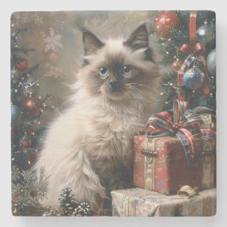 Balinese Kitten Christmas Cat Portrait Art Steinuntersetzer