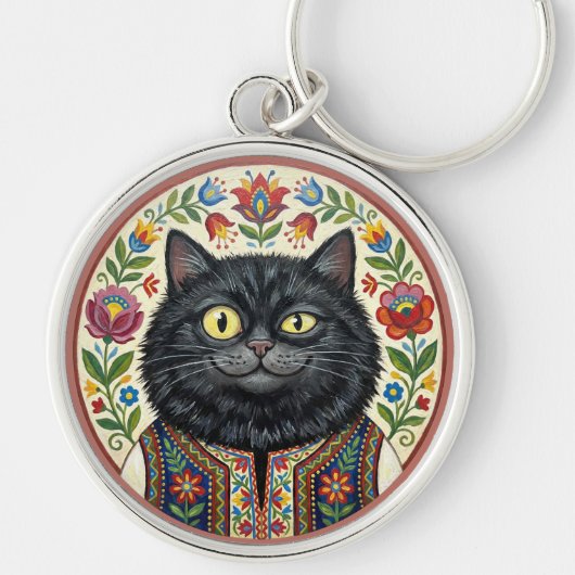 Balkan Folk Art Black Cat Schlüsselanhänger (Vorne)