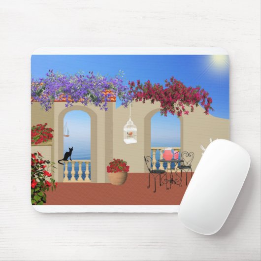 Balkon Außenbereich Blume Tisch Ruhe Meer. Mousepad (Mit Mouse)