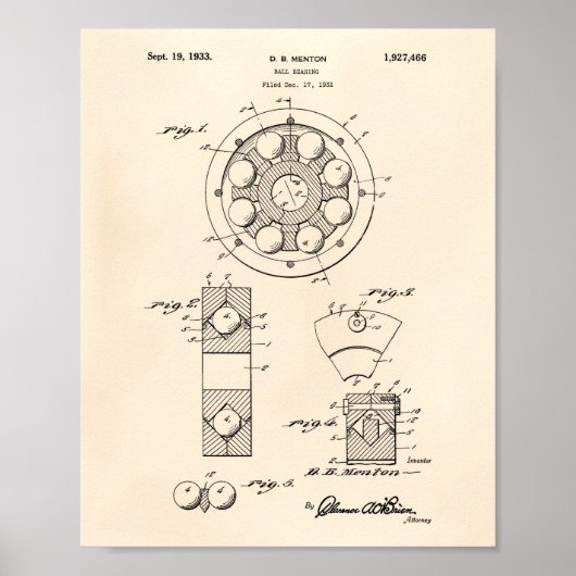 Ball Bearing 1933 Patent Art Old Peper Poster (Vorne)