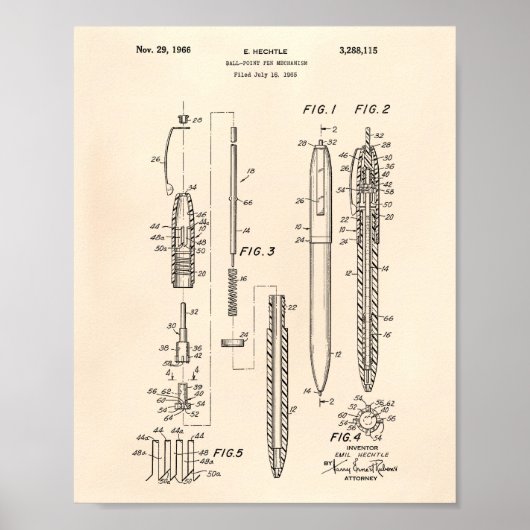 Ball Point Pen 1966 Patent Art Old Peper Poster (Vorne)