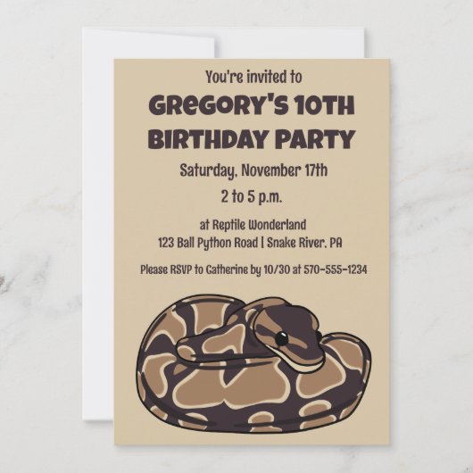Ball Python Snake, Brown und Tan Personalisiert Einladung (Vorderseite)