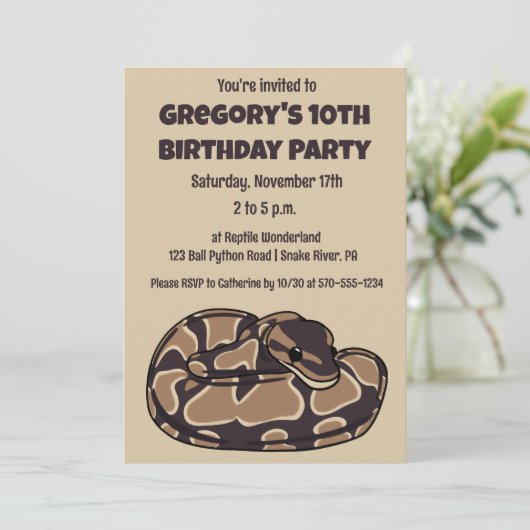 Ball Python Snake, Brown und Tan Personalisiert Einladung (Stehend Vorderseite)