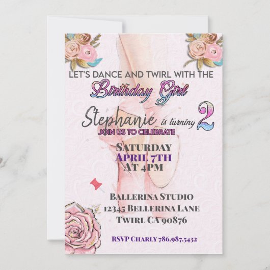 Ballerina ab 2 Geburtstagsfeier Einladung (Vorderseite)