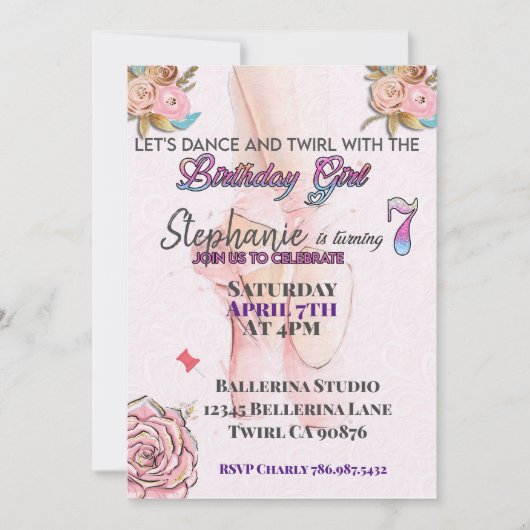 Ballerina ab 7. Geburtstagsfeier Einladung (Vorderseite)