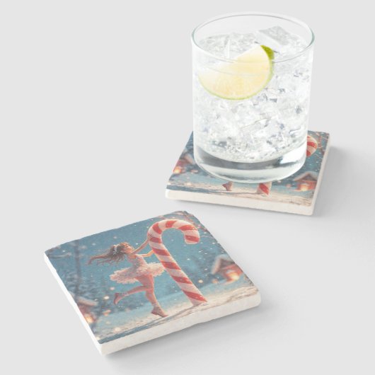 Ballerina Anime Girl & Candy Cane Weihnachten Steinuntersetzer (Seitenansicht)