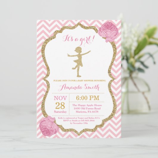 Ballerina Baby Dusche Rosa und Gold Glitzer Einladung (Stehend Vorderseite)