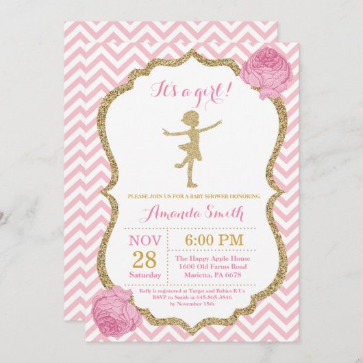 Ballerina Baby Dusche Rosa und Gold Glitzer Einladung (Vorne/Hinten)