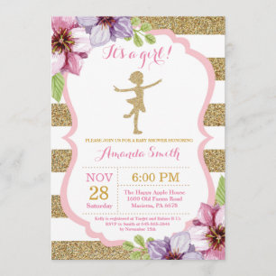 Ballerina Baby Dusche Rosa und Gold Glitzer Einladung