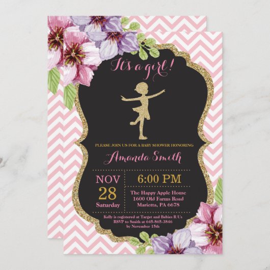 Ballerina Baby Dusche Rosa und Gold Glitzer Einladung (Vorne/Hinten)