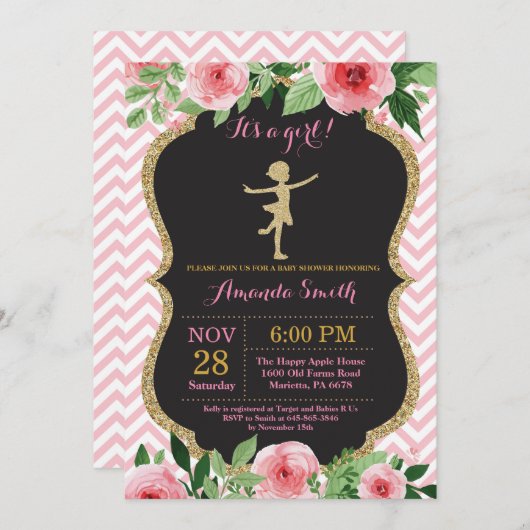 Ballerina Baby Dusche Rosa und Gold Glitzer Einladung (Vorne/Hinten)