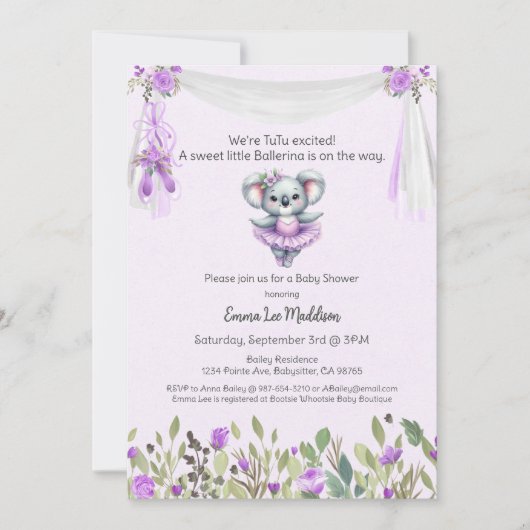 Ballerina Baby Girl Dusche Tutu begeistert Koala Einladung (Vorderseite)