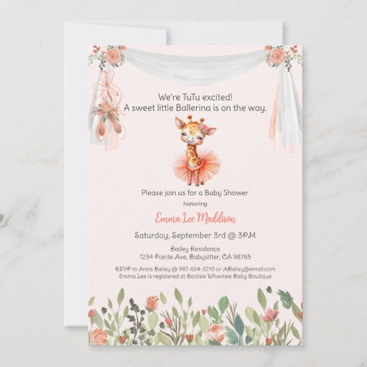 Ballerina Baby Girl Dusche Tutu Elegante Giraffe Einladung (Vorderseite)