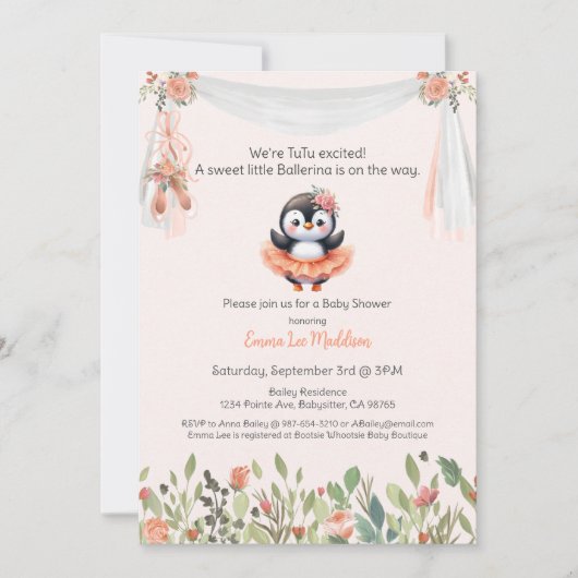Ballerina Baby Girl Dusche Tutu Elegante Penguin Einladung (Vorderseite)