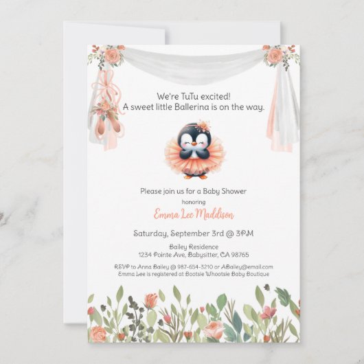 Ballerina Baby Girl Dusche Tutu Erregter Pinguin Einladung (Vorderseite)