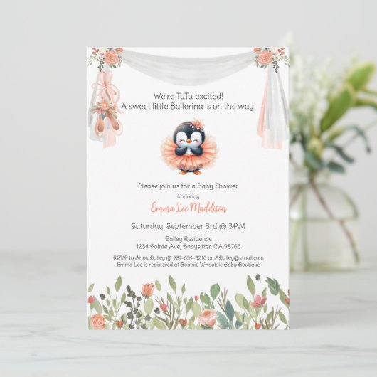 Ballerina Baby Girl Dusche Tutu Erregter Pinguin Einladung (Stehend Vorderseite)