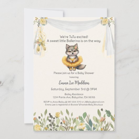 Ballerina Baby Girl Dusche Tutu Spannung Wolf Einladung (Vorderseite)