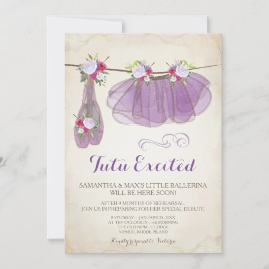 Ballerina Baby Shower Invitation Girl, Lila Einladung (Vorderseite)