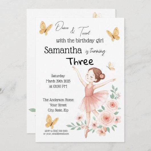 Ballerina Birthday Einladung - Rosa Ballett Party (Vorne/Hinten)