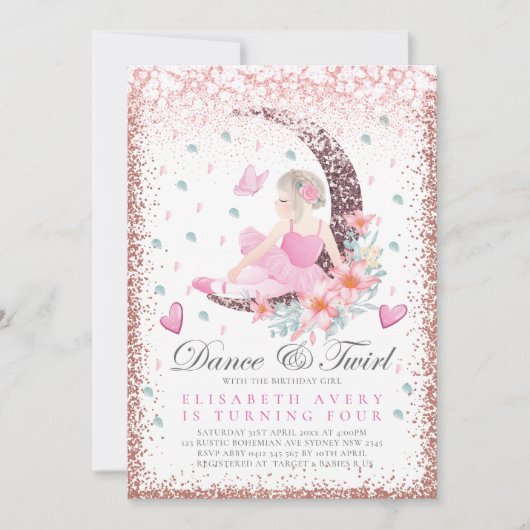 Ballerina Birthday Moon Dance & Twirl Einladung (Vorderseite)