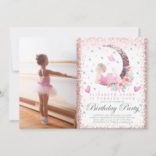 Ballerina Birthday Moon Pastel Pink Glitzer Foto Einladung (Vorderseite)