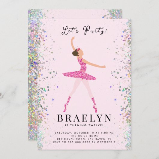 Ballerina Birthday Party Rosa Glitzer Design Einladung (Vorne/Hinten)