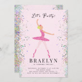 Ballerina Birthday Party Rosa Glitzer Design Einladung (Vorne/Hinten)