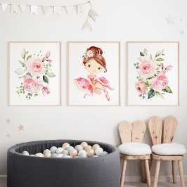 Ballerina, Braune Haare, rosa Blume, Girl-Kinderzi Bilderwand Sets