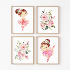 Ballerina, Braune Haare, rosa Blume, Girl-Kinderzi Bilderwand Sets