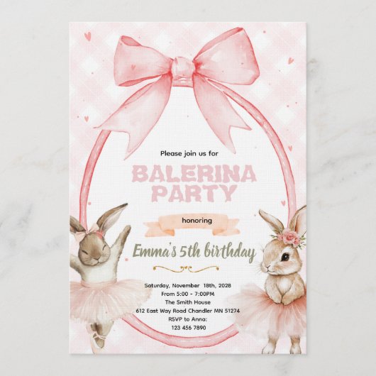 Ballerina Bunny Birthday Invitation Einladung (Vorderseite)