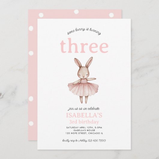 Ballerina Bunny Pink Rabbit Niedlich Girl 3. Gebur Einladung (Vorne/Hinten)