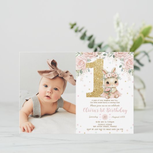 Ballerina Bunny Rabbit Blush 1st Birthday Photo Einladung (Stehend Vorderseite)