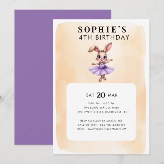 Ballerina Bunny Thema Geburtstagsparty Einladung (Vorne/Hinten)