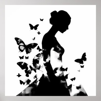 Ballerina & Butterfliegen Silhouette Black & White Poster