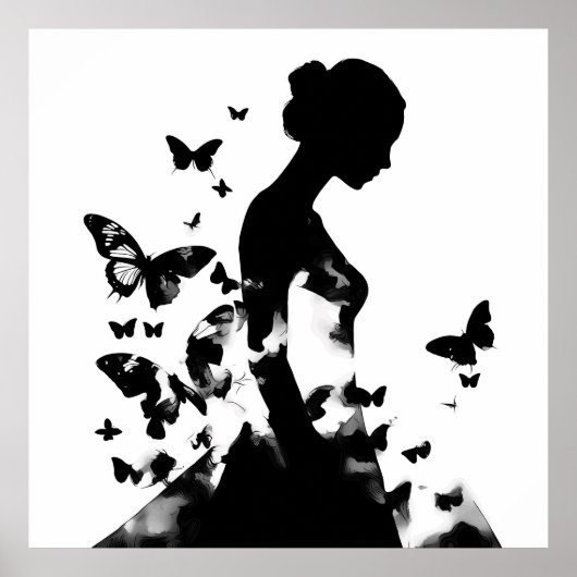 Ballerina & Butterfliegen Silhouette Black & White Poster (Vorne)