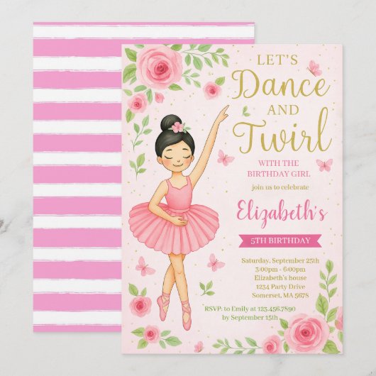 Ballerina Dance und Twirl Birthday Einladung (Vorne/Hinten)