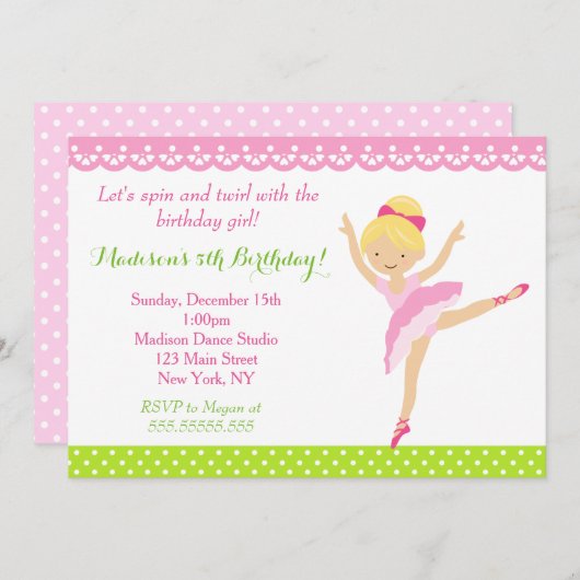 Ballerina Dancer Birthday Einladung (Vorne/Hinten)