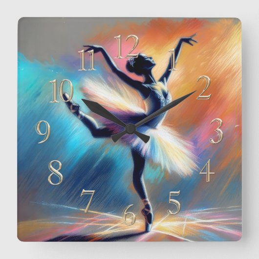 Ballerina Dancer Pastel Zeichne farbenfroh Quadratische Wanduhr (Vorderseite)