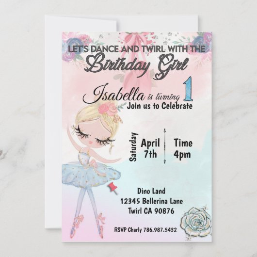 Ballerina Einladung zum ersten Geburtstag (Vorderseite)