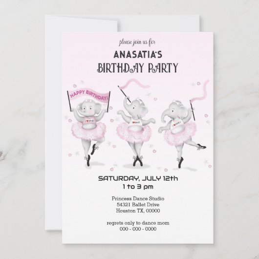 Ballerina Elephant Dance Erwägungsgrund Einladung (Vorderseite)