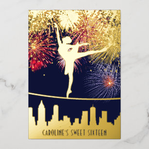 Ballerina Feuerwerk Skyline Sweet 16 Blau Gold Folieneinladung